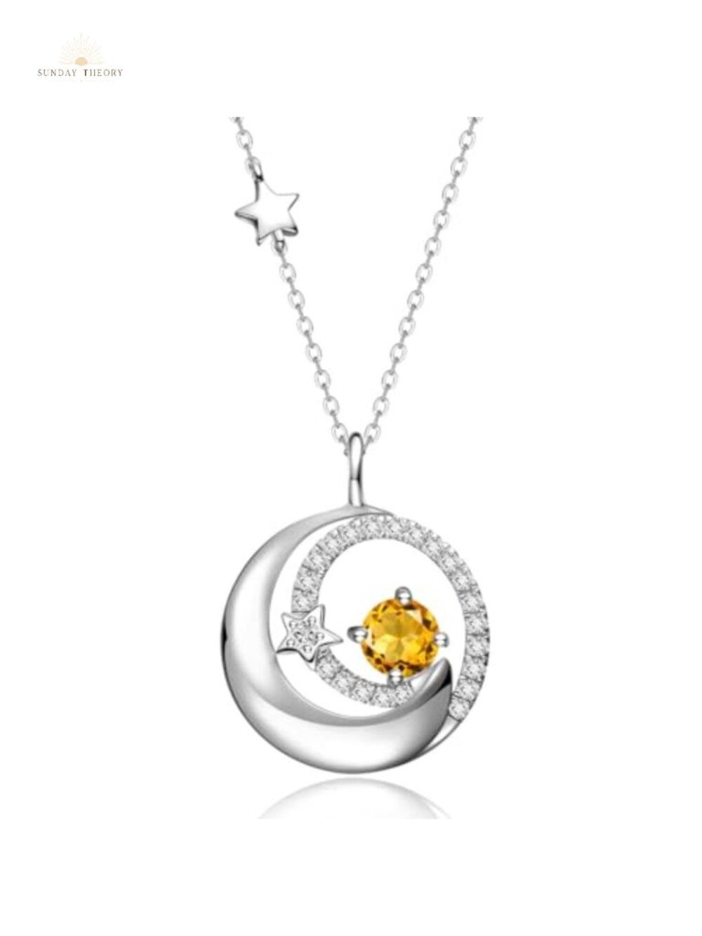 Sterling Silver Moon & Star Birthstone Necklace 925 White Gold Plated Pendant